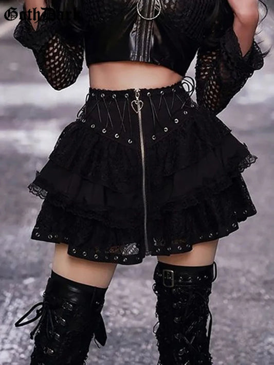 Goth Dark Lace Patchwork Mall Gothic Pleated Skirts Grunge Aesthetic Punk Bandage Zip Up Mini Skirt Women Streetwear Alt Clothes